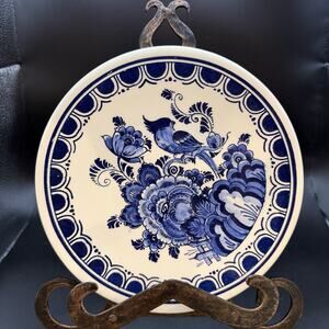 Vintage Delft Blue Hand Painted Wall Plate Bird Floral Design Made in Holland